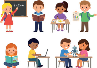Fototapeta premium Flat Vector Diverse Children Learning and School Activity Set Illustration with Kids at Chalkboard Reading Painting Presenting Using Laptop and Building Robot for Education Design 