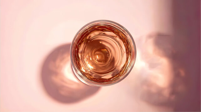 brut. Glass of rose sparkling wine on a pastel pink background, captured from above with soft shadows and studio lighting. bar promotions.
