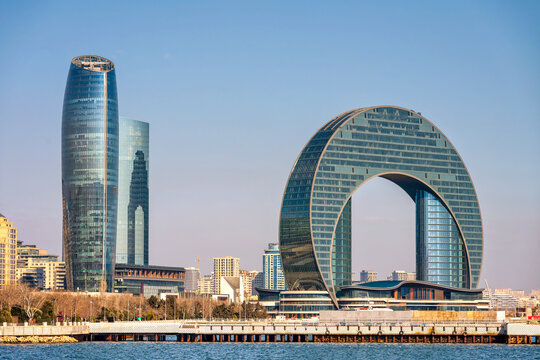 Port Baku Towers and Crescent Hotel from Baku Boulevard Pier