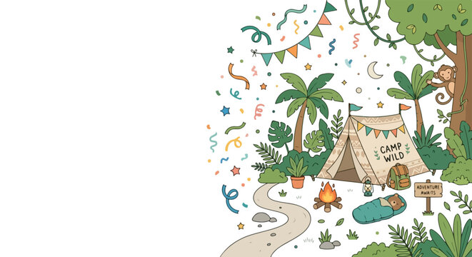 A charming jungle campsite vector featuring a "Camp Wild" tent, a cozy campfire, a sleeping bear, and festive confetti on a clean white background.