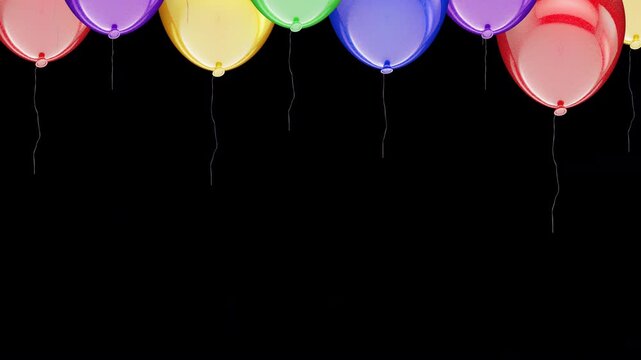 Colorful transitions pack of many glossy metallic glitter balloons flying across the screen. Includes alpha channel transparent background for seamless video editing.
