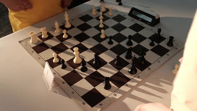 Competitive game of chess during an outdoor tournament. Youthful focus, strategy, and mental sport. Youth education, board games, intellectual hobbies, tactical thinking, and community tournaments.