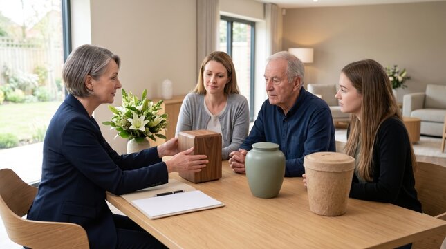 Family meeting with funeral director to choose an urn in a bright funeral home, showing cremation planning, memorial preparation, professional guidance and respectful decision making.
