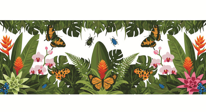 Seamless tropical rainforest undergrowth border featuring monstera deliciosa leaves, pink orchid flowers, bromeliads, ferns, orange butterflies, and colorful beetles on a white background.