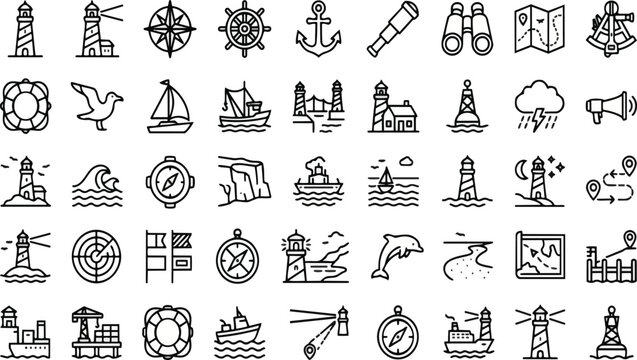 Nautical Icons: Lighthouse, Ship, and Coastal Building Line Art