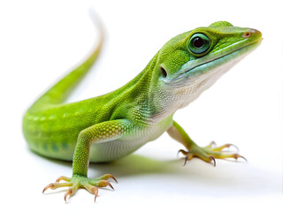 Fototapeta premium Green Anole Lizard Posing on White Background Close Up Detailed Photo