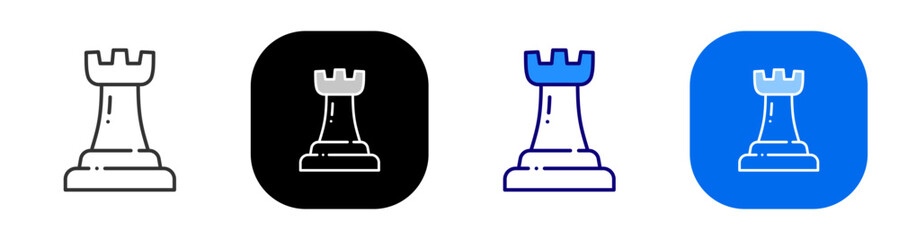 Chess rook for strategy planning leadership defense and business tactics. Line, filled, black, color set. Editable stroke © tutti_frutti