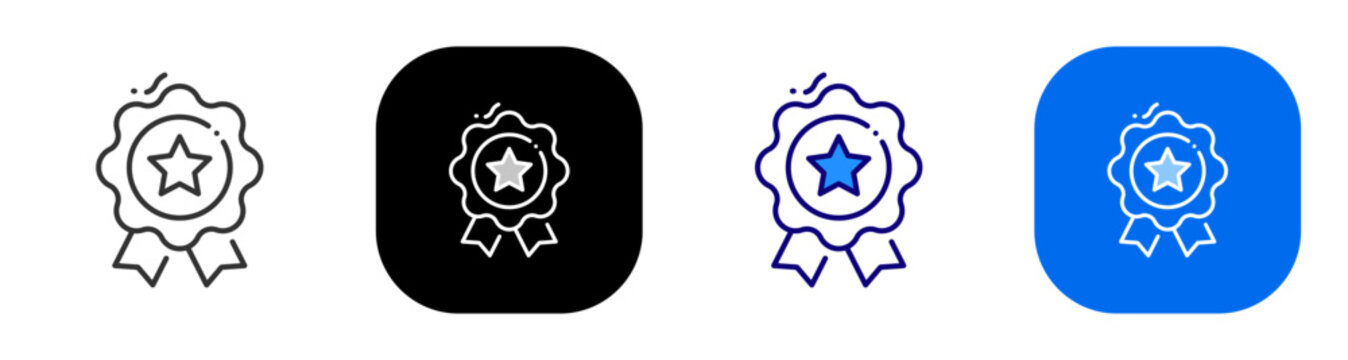 Star award rosette with ribbon for recognition achievement and excellence status. Line, filled, black, color set. Editable stroke