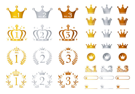 Luxury crown icon set, gold silver bronze award symbols, premium first second third place vector collection