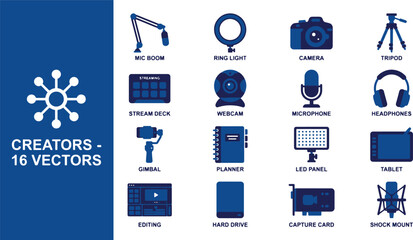 Comprehensive Collection of 16 Vector Icons for Modern Content Creators and Live Streamers, Showcasing Essential Production Equipment, Studio Gear, and Digital Tools © LRB