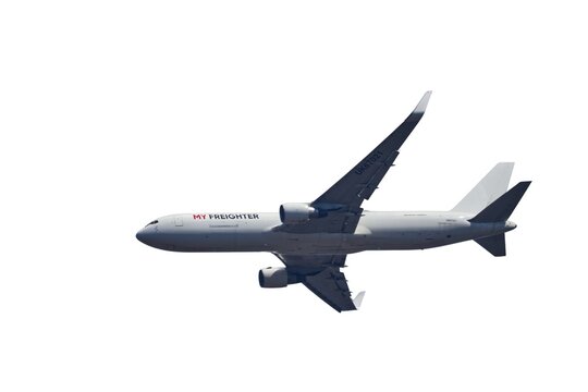 Cargo airplane Boeing 767 My Freighter flying isolated on a white background.