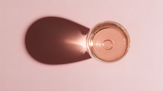 brut. Glass of rose sparkling wine on a pastel pink background, captured from above with soft shadows and studio lighting. bar promotions.

