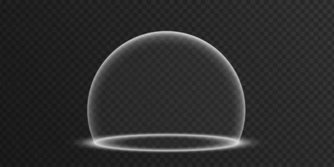 Protective dome with a soft white glowing edge and luminous base on a transparent dark background. Futuristic design representing security, protection and holographic energy shield. Vector. © sersupervector