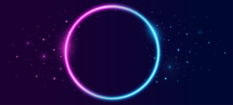 Glowing blue and purple neon round frame with magical sparkling particles on dark background. Abstract glowing ring for fantasy concept or stylish banner. Vector illustration.