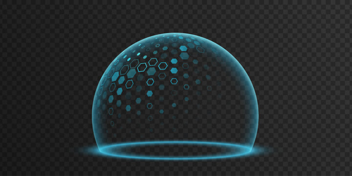 Futuristic holographic shield dome with glowing blue edges and hexagonal digital pattern on transparent background. Protective energy barrier symbolizing cybersecurity or data protection. Vector.