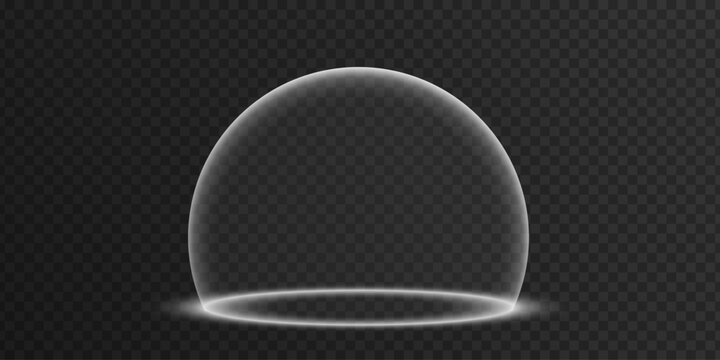 Protective dome with a soft white glowing edge and luminous base on a transparent dark background. Futuristic design representing security, protection and holographic energy shield. Vector.
