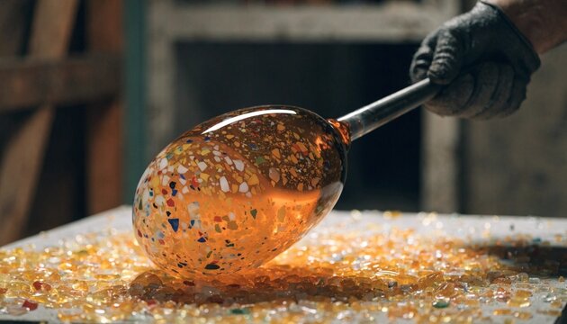 Artisan rolls a hot glass form through colorful frit on a workbench, showcasing handmade glass decoration for craft workshops, design studios, or training materials.
