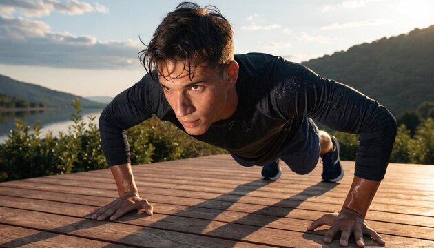 A man performs push-ups on a wooden deck overlooking a lake and mountains, suggesting outdoor fitness, wellness retreats, and active travel promotion.