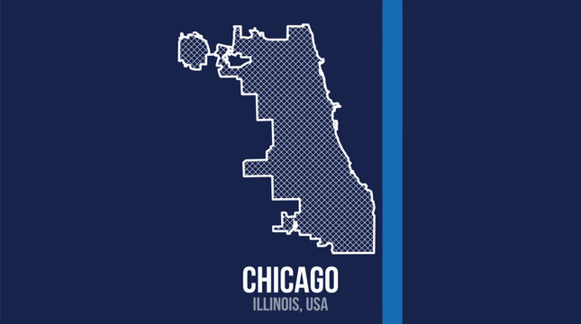 Premium Flat Vector Chicago Illinois USA City Map Crosshatch Pattern Poster Design with Bold Typography on Dark Navy Background for Urban Travel and Real Estate Branding Projects
