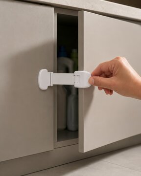 Verrou de s&eacute;curit&eacute; enfant fix&eacute; sur un placard