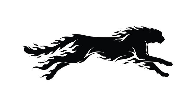 Running horse with flame shaped details depicted as a black silhouette equine galloping prancing steed animal mammal vector