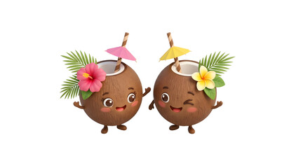 Naklejka premium Two Cute 3D Tropical Coconut Characters with Cocktails and Flowers