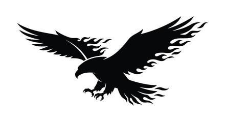 Fototapeta premium Soaring eagle with flame shaped feathers depicted as a black silhouette bird prey raptor avian wingspan feathered talons