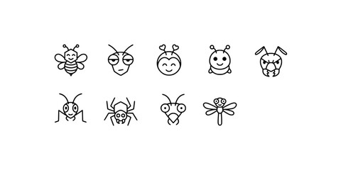 Icon set collection of diverse insect species like bees, ants, spiders, and dragonflies illustrated with minimalist black and white lines. © Raka Firdaus 