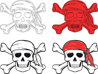 Fototapeta premium Pirate skull and crossbones vector set with red bandana