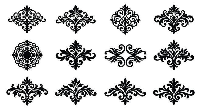 Collection of ornate floral ornaments in black silhouette against a white background silhouette ornament flourish scrollwork arabesque damask