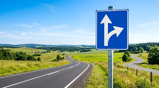 Road sign with arrows showing left and right turn options on a winding asphalt road