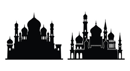 Detailed palace silhouettes with domes and minarets against a white background silhouette architecture building castle fortress eastern oriental © Mama