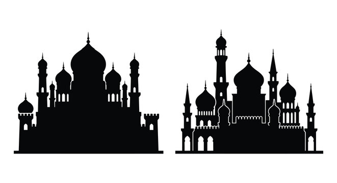 Detailed palace silhouettes with domes and minarets against a white background silhouette architecture building castle fortress eastern oriental