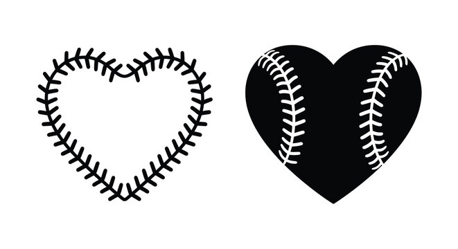 Two heart shaped baseball silhouettes with stitching details on a white background silhouette hearts sports ball ballgame seams