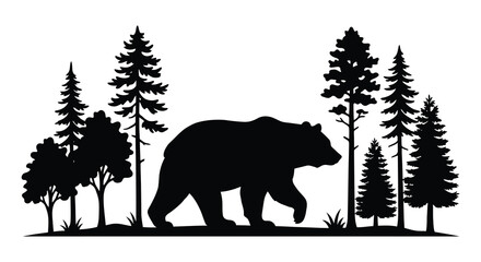 Black silhouette of a walking bear amidst coniferous and deciduous trees forest scene silhouette brown grizzly wildlife animal © Mama
