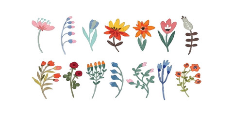 Fototapeta premium Set of colorful hand drawn wildflowers and floral elements for spring and summer design projects