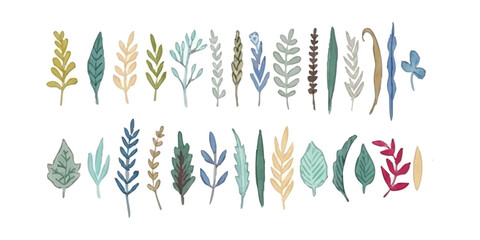 Obraz premium Set of hand drawn leaves and branches in various shapes and artistic styles