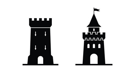 Two black castle silhouettes with crenellations and arched doorways against a white background silhouette castles fortress fortresses turret © Mama