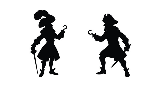 Two pirate captain silhouettes featuring a feathered hat and hook against a white background silhouette black sea robber
