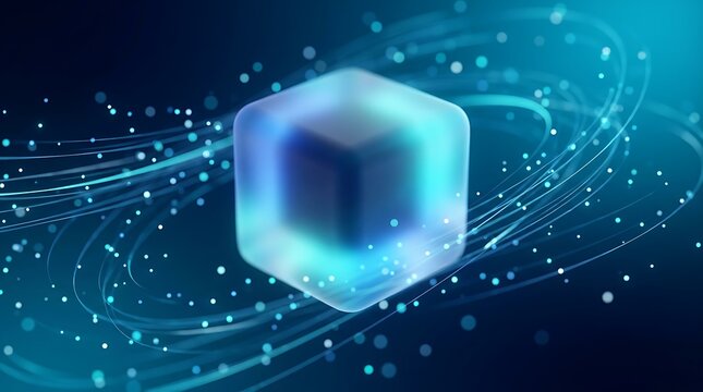 Abstract glowing glass cube with flowing digital light data particles