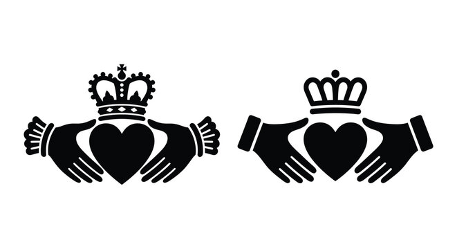 Two claddagh symbols featuring hands heart and crown depicted as a black silhouette symbol royal love affection friendship