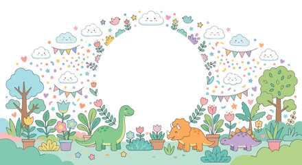 A whimsical vector illustration showcasing adorable dinosaurs in a garden filled with flowers, bunting, and clouds around a central blank frame. © Regina