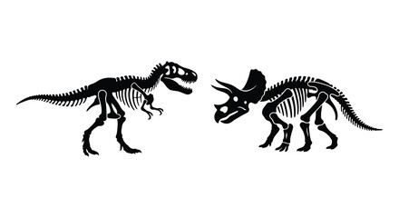 Tyrannosaurus rex and triceratops dinosaur skeletons depicted as a black silhouette dinosaurs skeleton bones fossil fossils paleontology prehistoric © Mama