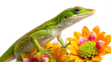 Fototapeta premium Green Anole Lizard Close Up on White Background with Bright Orange Flowers