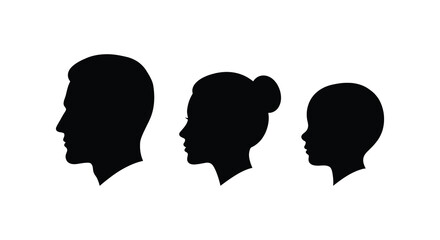 Fototapeta premium Four human head silhouettes depicting different ages and hairstyles black on white silhouette profile face faces portrait headshot