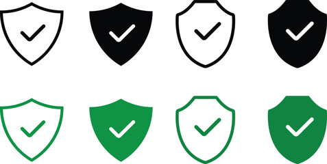 Shield with checkmark icon set. Reliable symbol, security, protection, and verified sign © KHOKON