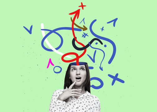 Flat art - conceptual artwork of a fearful girl with colorful visual chaos above and in her head. Vertical poster with copy space.