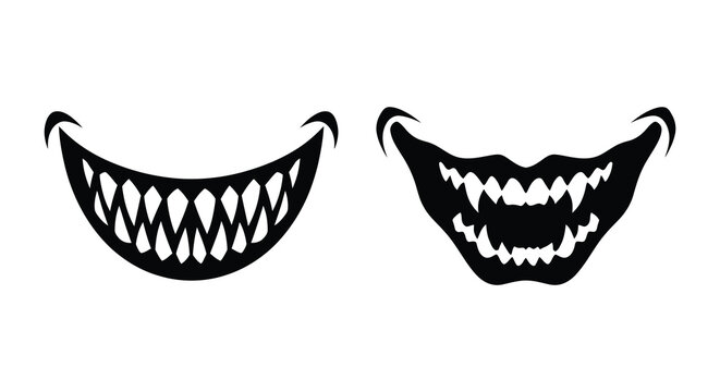 Two grinning mouth silhouettes with sharp teeth against a white background silhouette grin smile fangs monster creature horror