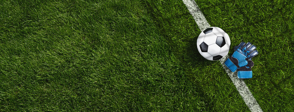 green grass texture with a soccer ball and goalkeeper gloves - well-groomed turf. Banner with copy space.