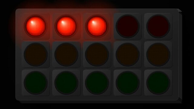 Animation of race start lights sequencing from red to green, indicating a go signal
